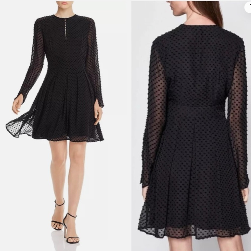 Equipment Jenava Black Silk-Blend Dot Long Sleeve Fit & Flare Dress Size 12